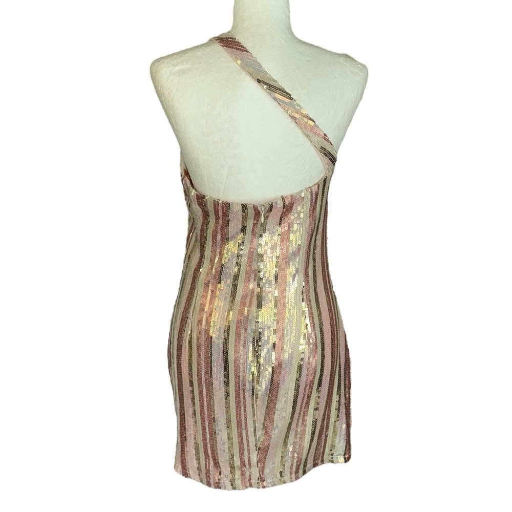 NWT Superdown Revolve Cicely Gold Iridescent Sequin One Shoulder Mini Dress - L - Picture 8 of 15